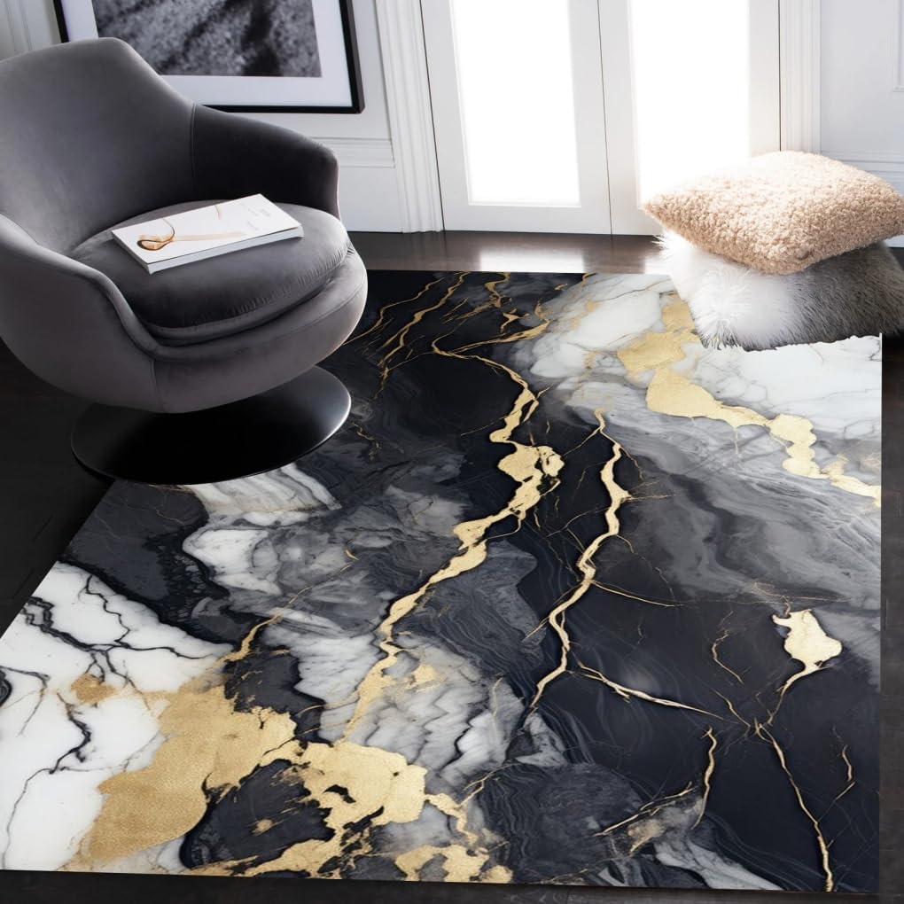 Black Grey Gold Marble Texture Modern Abstract Rug for Living Room Bedroom Diningroom Luxury Art Decor Home Office Guestroom Floor Carpet Indoor Outdoor Rug Mat 5x7