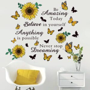 Inspirational Quote Wall Decals Sunflower Wall Stickers Removable Positive Saying Wall Lettering Stickers Peel and Stick for Classroom Home Bedroom Family Office Wall Art Decor