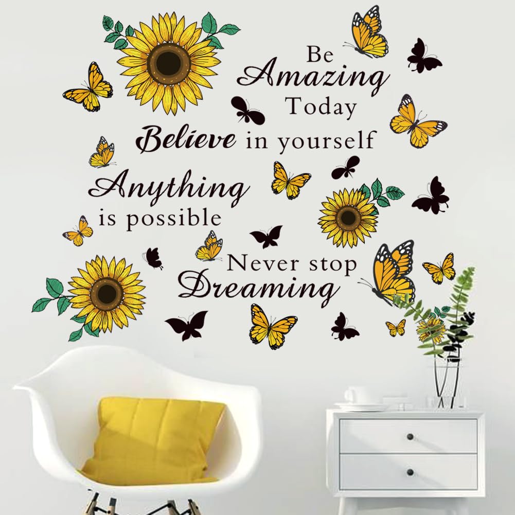 Inspirational Quote Wall Decals Sunflower Wall Stickers Removable Positive Saying Wall Lettering Stickers Peel and Stick for Classroom Home Bedroom Family Office Wall Art Decor