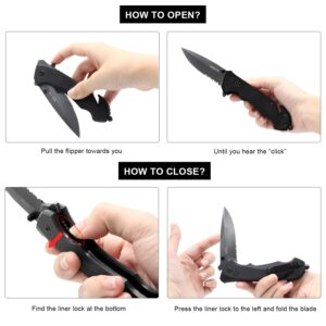 EMHTiii Multitool Folding Pocket Knife with Seatbelt Cutter and Window Glass Breaker - 3.54" Sreated Blade, G10 Scales, Survival Knives for Rescue, EDC Gifts for Men, Black