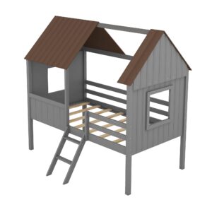 BOVZA Twin Size Low Loft Bed, Wood Kids House Bed with Two Side Windows and Roof for Kids Girls Boys, Gray+Brown