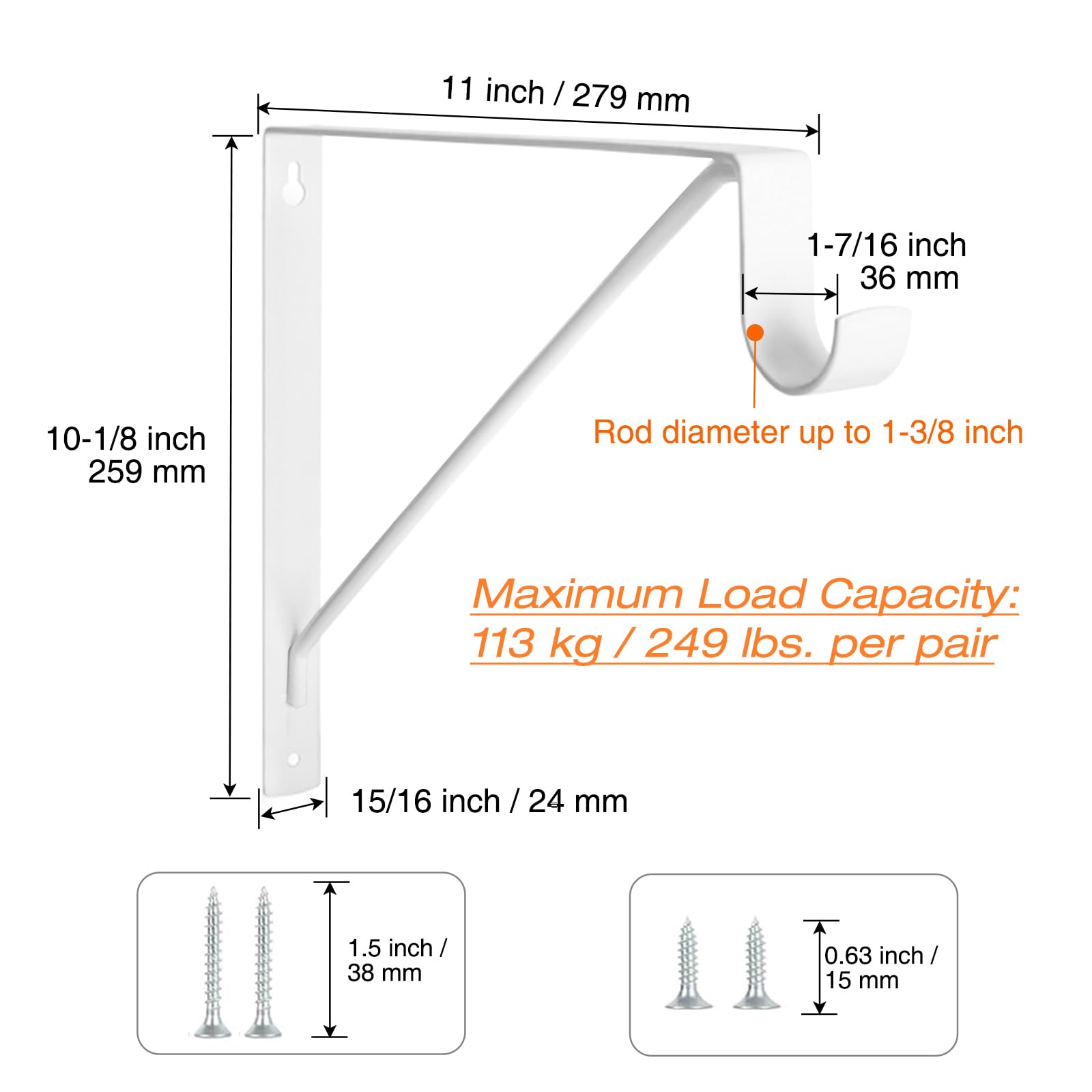 KOVOSCH 4 Pack Heavy Duty Closet Shelf & Rod Brackets, Wall Mounted Closet Shelf Brackets, 11 x 10.2 Inch Closet Shelf Brackets with Rod Support, White