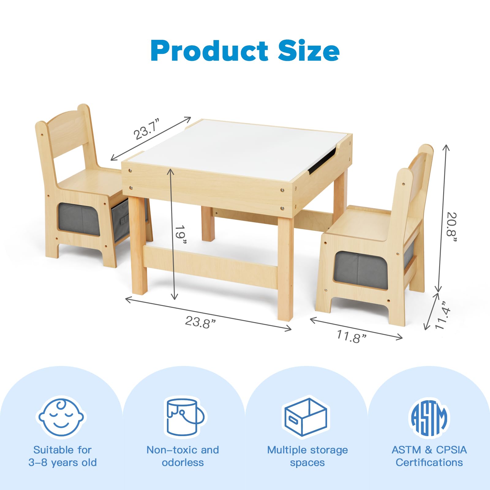 OOOK 3 in1 Toddler Table and Chair Set, Kids Table and Chairs Ages 3-7 with Versatile Tabletop and Storage Drawer, Kids Sensory Table for Home, Nursery and Playroom. Premium Gift for Boys and Girls.