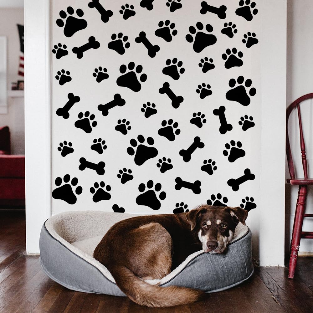 IUMLXJO 76PCS Dog Paws Wall Decals, Vinyl Stones Print Wall Stickers Decor Removable Footprint Mural Wallpaper Decoration for Kids Boys Girls Nursery Bedroom Living Room