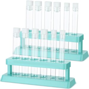 copkim 2 sets test tubes with rack clear plastic test tubes with caps and 6 holes holder rack nurse party decorations shot tubes for scientific experiments party favors candy (blue,removable)