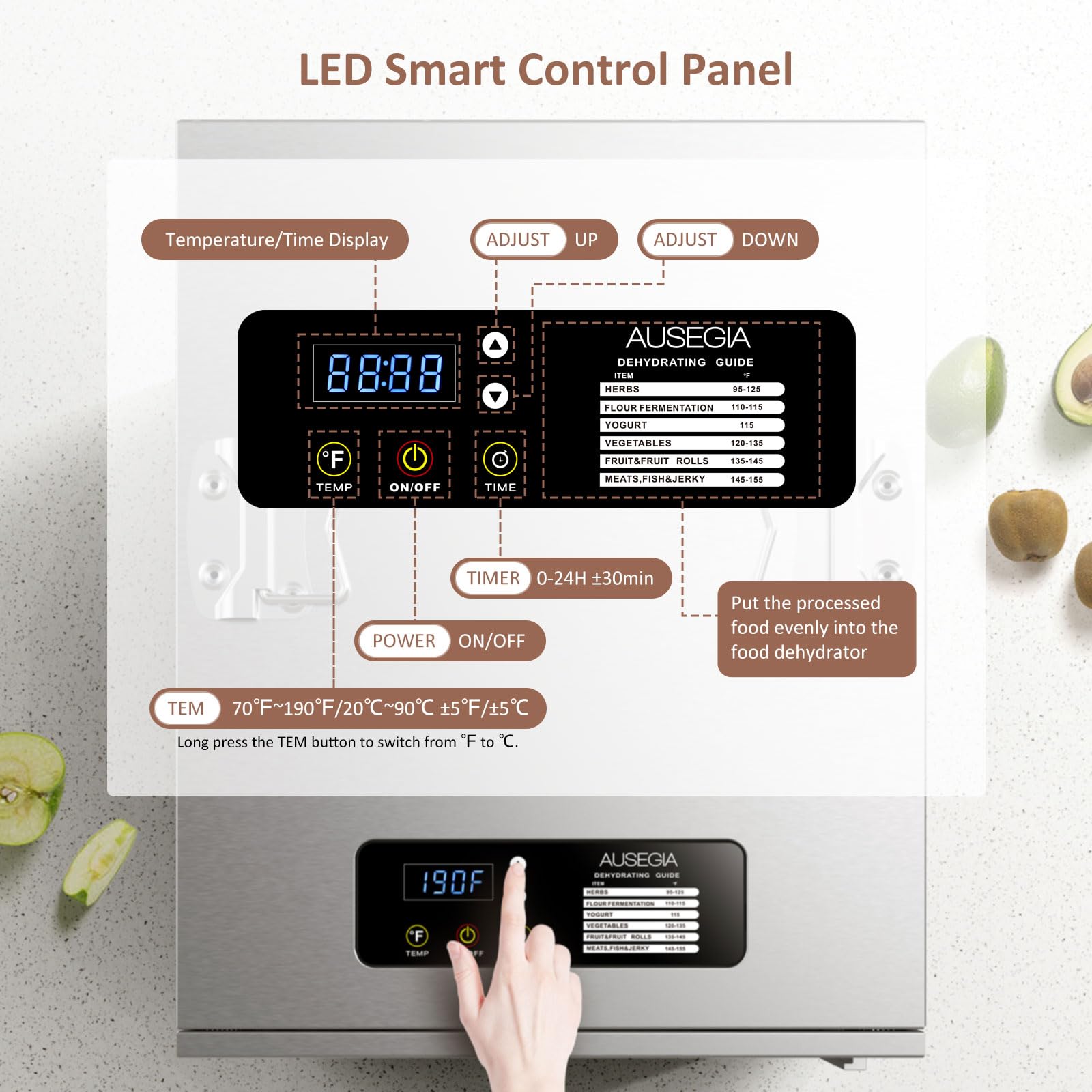 Ausegia Commercial Large 12 Trays Food Dehydrator, Usable Area up to 22.67ft², 1200W Full Stainless Steel Dryer Machine, up to 190℉ Temperature, for Meat, Fruit, Beef, Herbs, and Pet Food