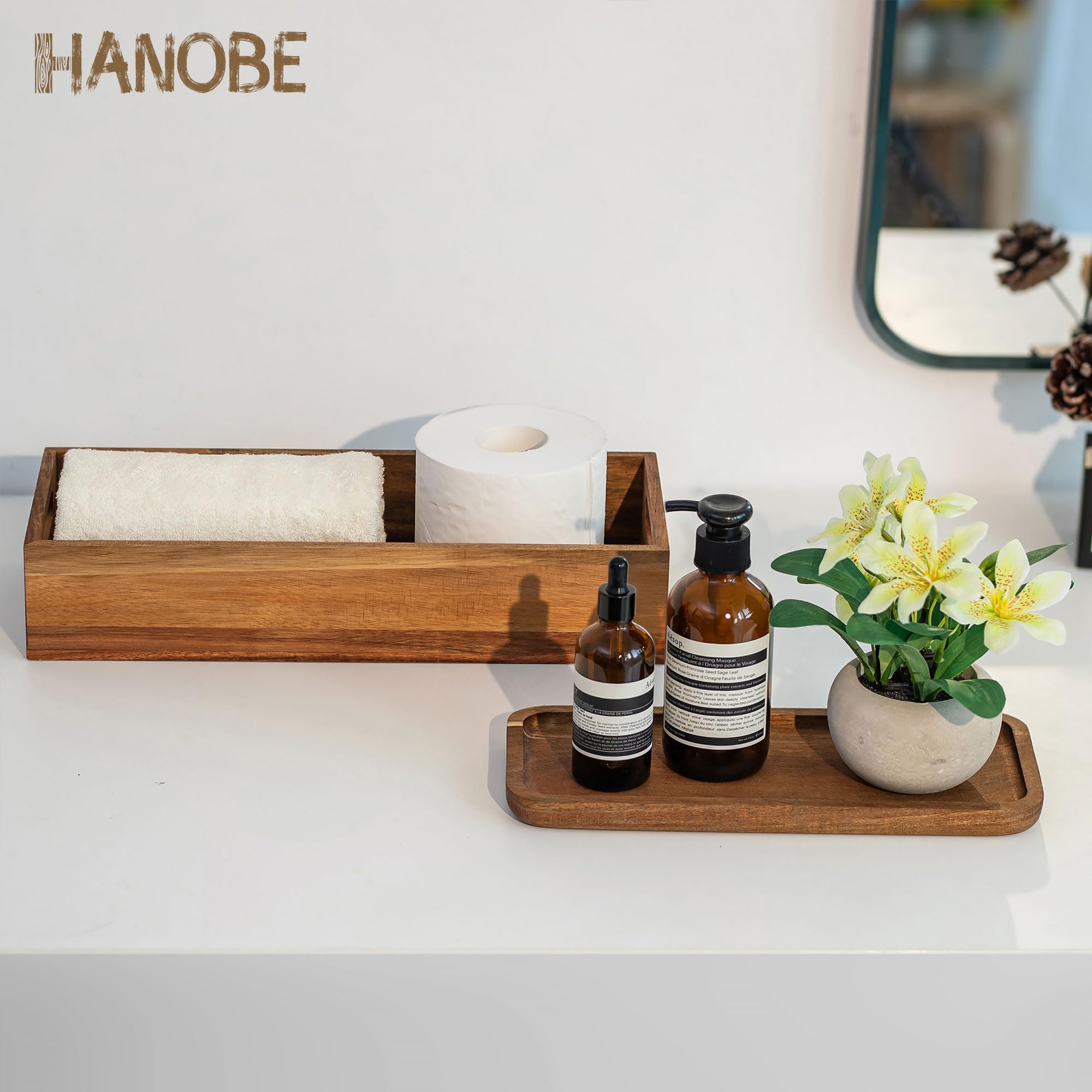 Toilet Tank Basket Wood Bathroom: Hanobe Set of 2 Wooden Toilet Paper Basket Topper with Vanity Tray Back of Toilet Organizer Acacia Toiletry Storage Holder Box