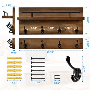 kansata Coat Rack Wall Mount with Shelf Storage Set of 2, Wood Coat Hooks Key Holder for Wall, Heavy Duty Wall Mounted Hooks for Hanging Hats, Purses, Caps, Clothes, Pants - 8 Hooks