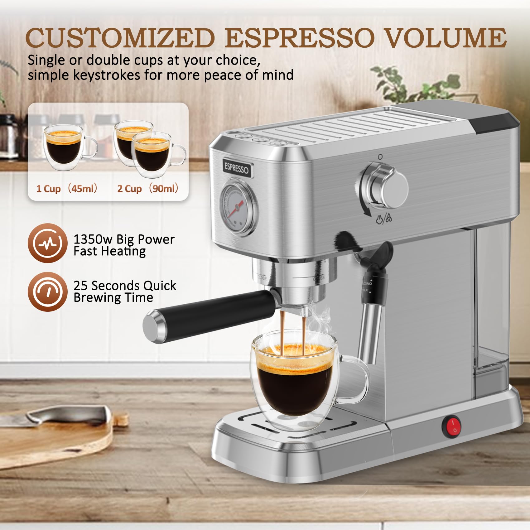 Pokk Espresso Machine 20 Bar, Professional Espresso Coffee Maker with Milk Frother Steam Wand, Compact Espresso Coffee Machine with 50oz Removable Water Tank for Cappuccino, Latte, Stainless Steel