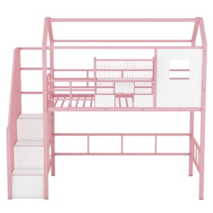 Unique Metal Twin Size House Loft Bed with Roof,Storage Stairs and a Storage Box,for Kids Girls Boys Teens Adults Bedroom Use (Pink@Stairs, Twin)