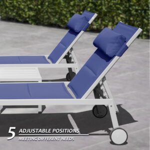 Domi Patio Chaise Lounge Set of 3, Adjustable Full Aluminum Pool Lounge Chairs with Wheels and Side Table, Padded Sunbathing Lounger for Deck Lawn Patio Backyard,Textilene - Navy Blue