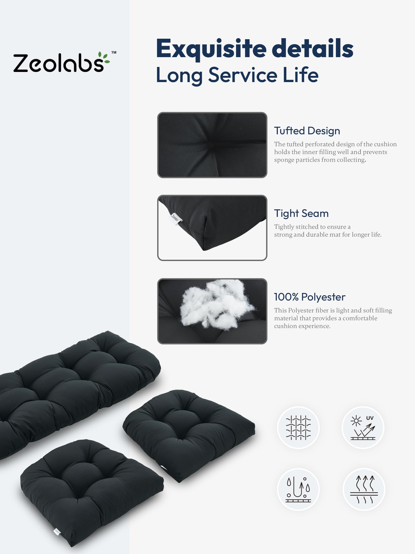 ZEOLABS Wicker Chair Cushions of 3 Pieces Waterproof Tufted Outdoor Seat Cushions for Patio Furniture Sofa Settee Couch,1 Loveseat and 2 U-Shaped Cushions,Black