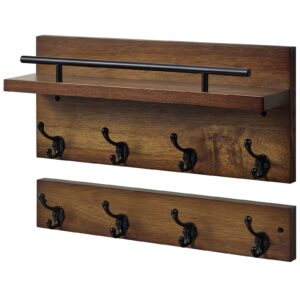 kansata coat rack wall mount with shelf storage set of 2, wood coat hooks key holder for wall, heavy duty wall mounted hooks for hanging hats, purses, caps, clothes, pants - 8 hooks