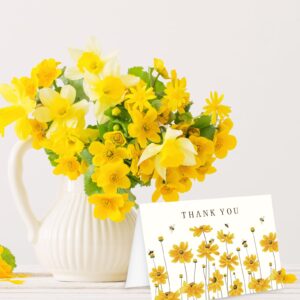 Whaline 24Pcs Floral Thank You Cards Flower Blank Greeting Cards Yellow Calliopsis Bee Note Cards with Envelopes Adhesive Stickers for Wedding Birthday Baby Shower Party Supplies, 4 x 6 Inch