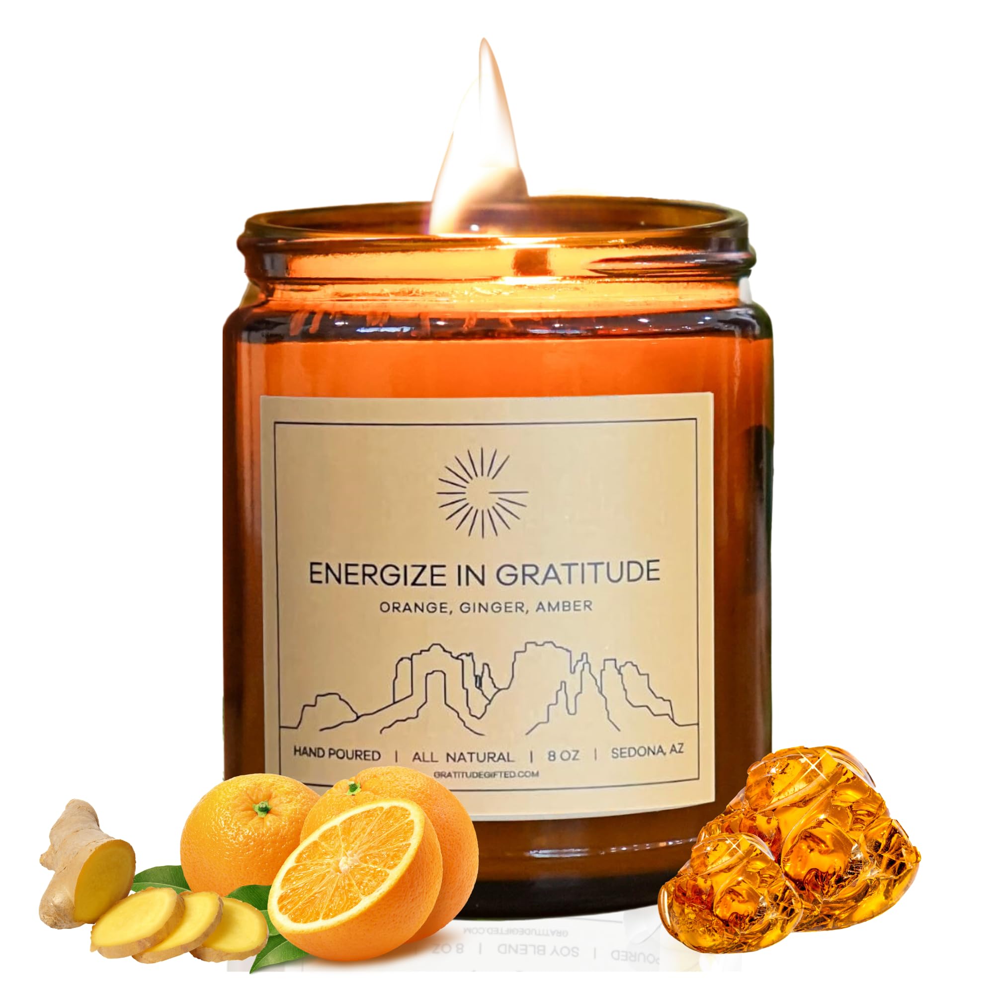 Energize in Gratitude - 8 oz Natural Soy Candle with Orange, Ginger, and Amber Fragrances - Perfect Thank You Gift for Women & Men, Long-Lasting Aromatherapy Candle