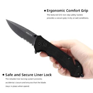 EMHTiii Multitool Folding Pocket Knife with Seatbelt Cutter and Window Glass Breaker - 3.54" Sreated Blade, G10 Scales, Survival Knives for Rescue, EDC Gifts for Men, Black