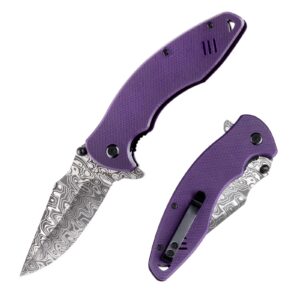 emhtiii pocket folder folding knife: 3.14" stainless steel blade, g10 scales, thumb stud liner lock, edc knives for outdoor survival, great gifts for men women, emh12 (purple)