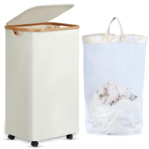 efluky laundry hamper with wheels, rolling laundry hamper with lid and removable bag, collapsible dirty clothes hamper with wheels for laundry room, bedroom & bathroom, 100l (26.4 gallon) beige