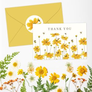 Whaline 24Pcs Floral Thank You Cards Flower Blank Greeting Cards Yellow Calliopsis Bee Note Cards with Envelopes Adhesive Stickers for Wedding Birthday Baby Shower Party Supplies, 4 x 6 Inch