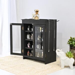 Ikee Design Small Wooden Countertop Storage Cabinet with Adjustable Shelves and Removable Hooks, Perfect for Perfume, Pantry, Essential Oil, 10.4W x 6.1D x 14.4H in, Black