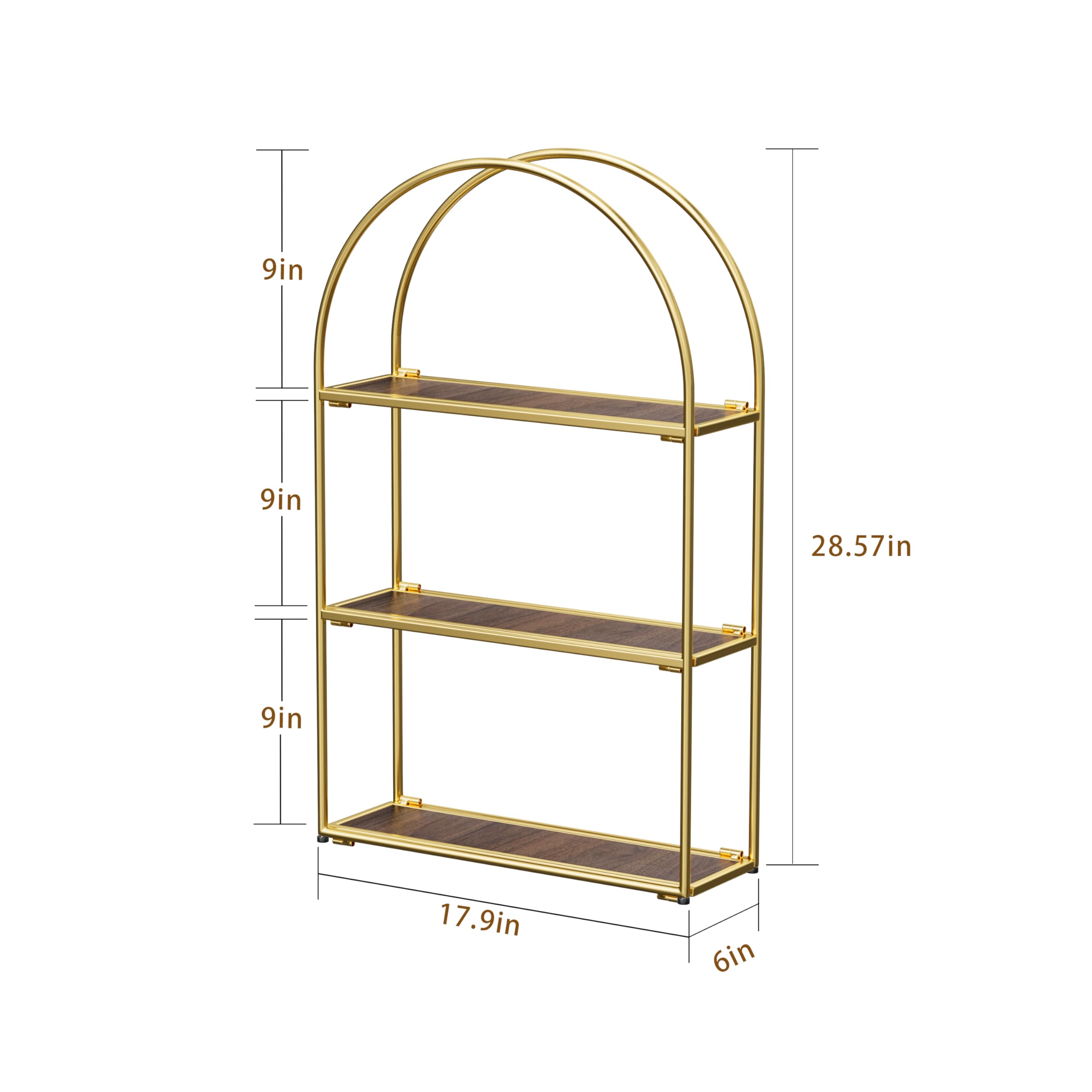 Crofy Gold Arched Frame Wall Shelf, Decorative 3 Tier Bathroom Wall Shelf with Walnut Finish Shelves and Robust Storage Capacity, 6" D x 17.9" W x 28.57" H