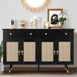 4ever2buy black buffet cabinet with rattan decorated doors, 55" sideboard buffet cabinet with 4 doors & 2 drawers, accent sideboard with adjustable shelf for living dining room