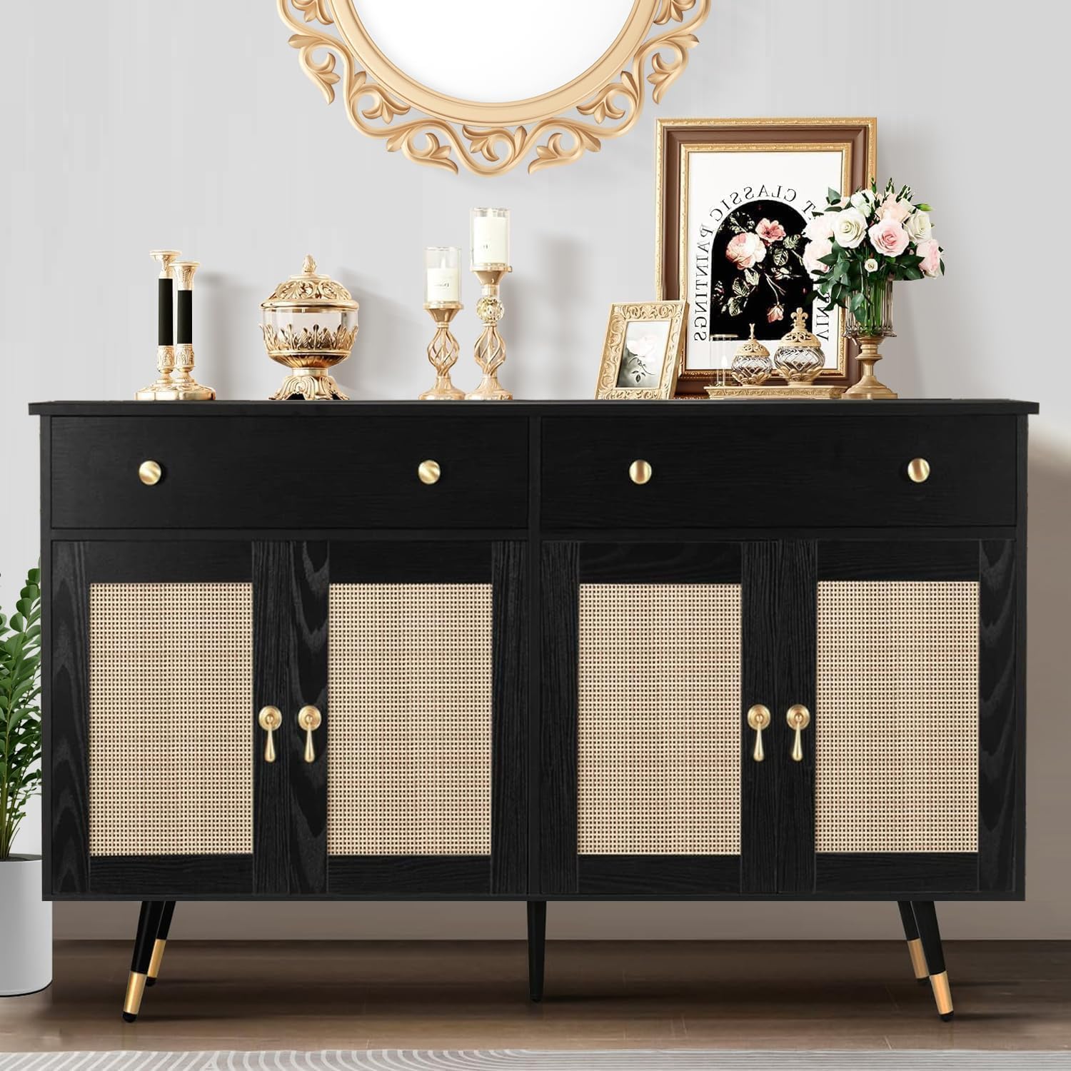 4ever2buy Black Buffet Cabinet with Rattan Decorated Doors, 55" Sideboard Buffet Cabinet with 4 Doors & 2 Drawers, Accent Sideboard with Adjustable Shelf for Living Dining Room