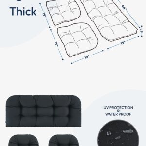 ZEOLABS Wicker Chair Cushions of 3 Pieces Waterproof Tufted Outdoor Seat Cushions for Patio Furniture Sofa Settee Couch,1 Loveseat and 2 U-Shaped Cushions,Black