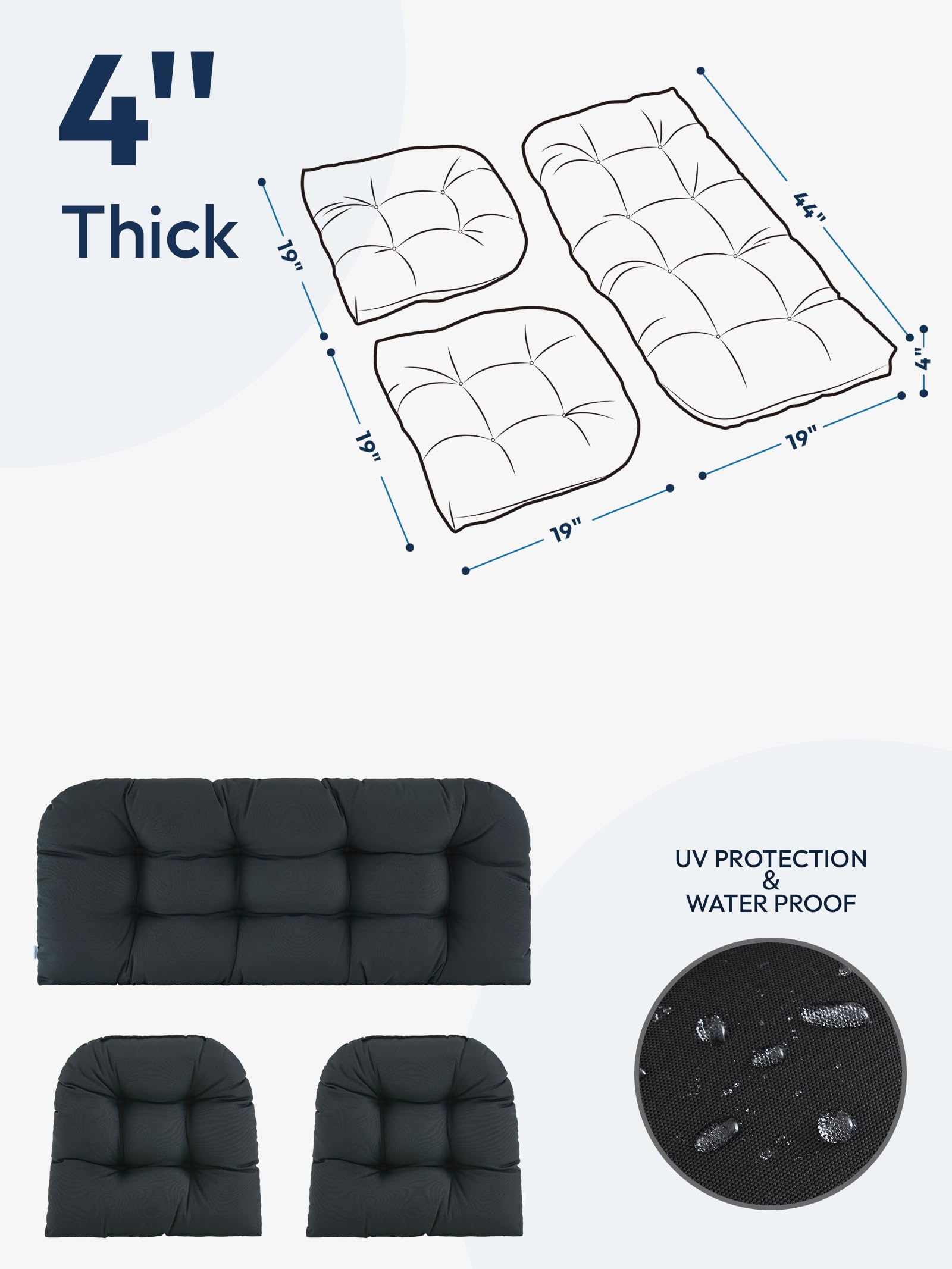 ZEOLABS Wicker Chair Cushions of 3 Pieces Waterproof Tufted Outdoor Seat Cushions for Patio Furniture Sofa Settee Couch,1 Loveseat and 2 U-Shaped Cushions,Black