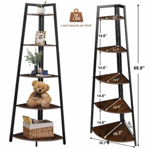 BETTAHOME 5 Tier Corner Stand, 70'' Tall Corner Ladder Shelf, Ideal for Books, Plants, Storage, Display Shelving Unit for Living Room, Bedroom, Kitchen, Rustic Brown