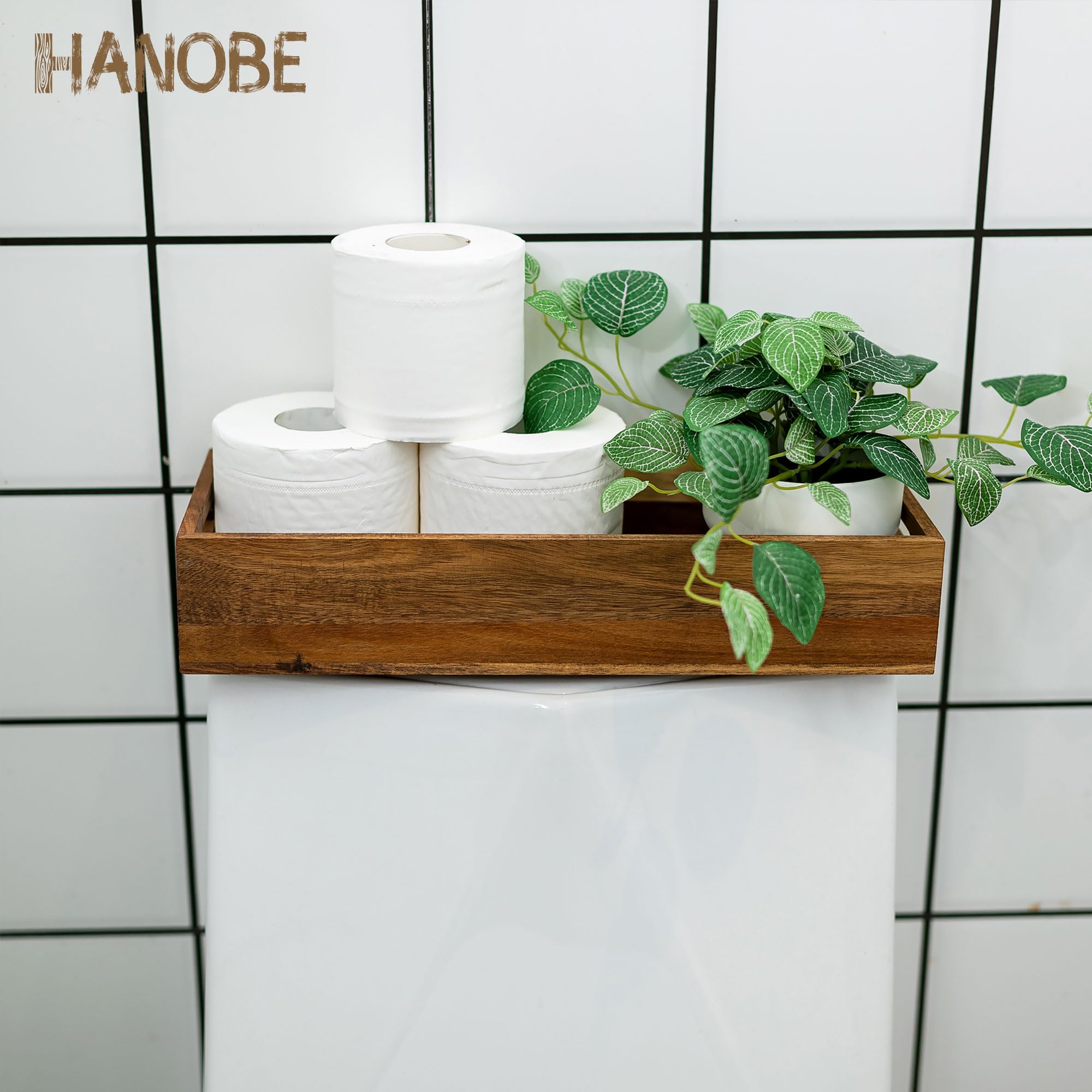 Toilet Tank Basket Wood Bathroom: Hanobe Set of 2 Wooden Toilet Paper Basket Topper with Vanity Tray Back of Toilet Organizer Acacia Toiletry Storage Holder Box