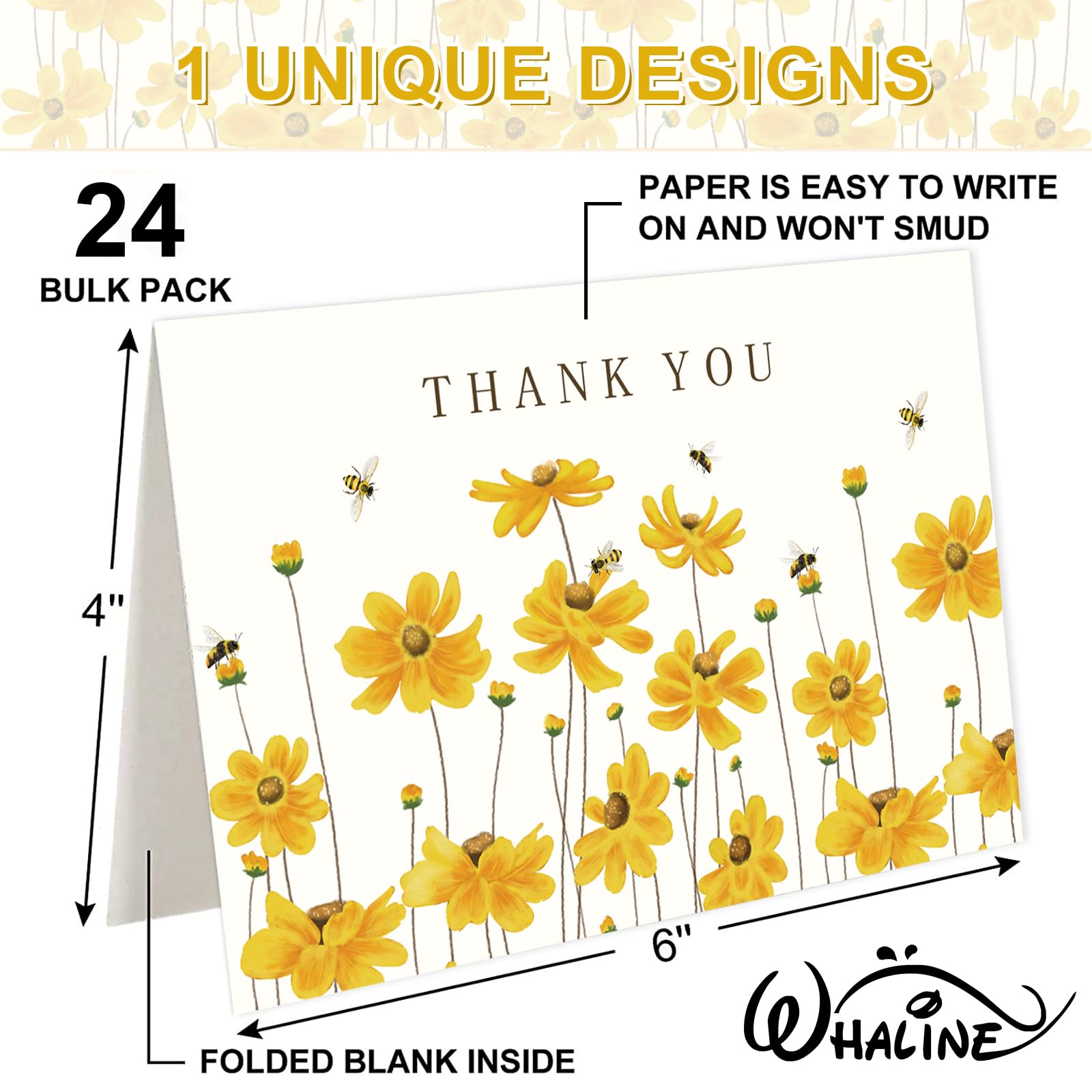 Whaline 24Pcs Floral Thank You Cards Flower Blank Greeting Cards Yellow Calliopsis Bee Note Cards with Envelopes Adhesive Stickers for Wedding Birthday Baby Shower Party Supplies, 4 x 6 Inch