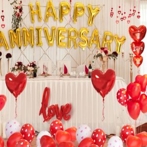 Anniversary Decorations for Bedroom, Happy Anniversary Banner, Red Heart Balloons, Heart Hanging String, Rose Petals, Ideal for Valentines Day, Anniversary Celebrations