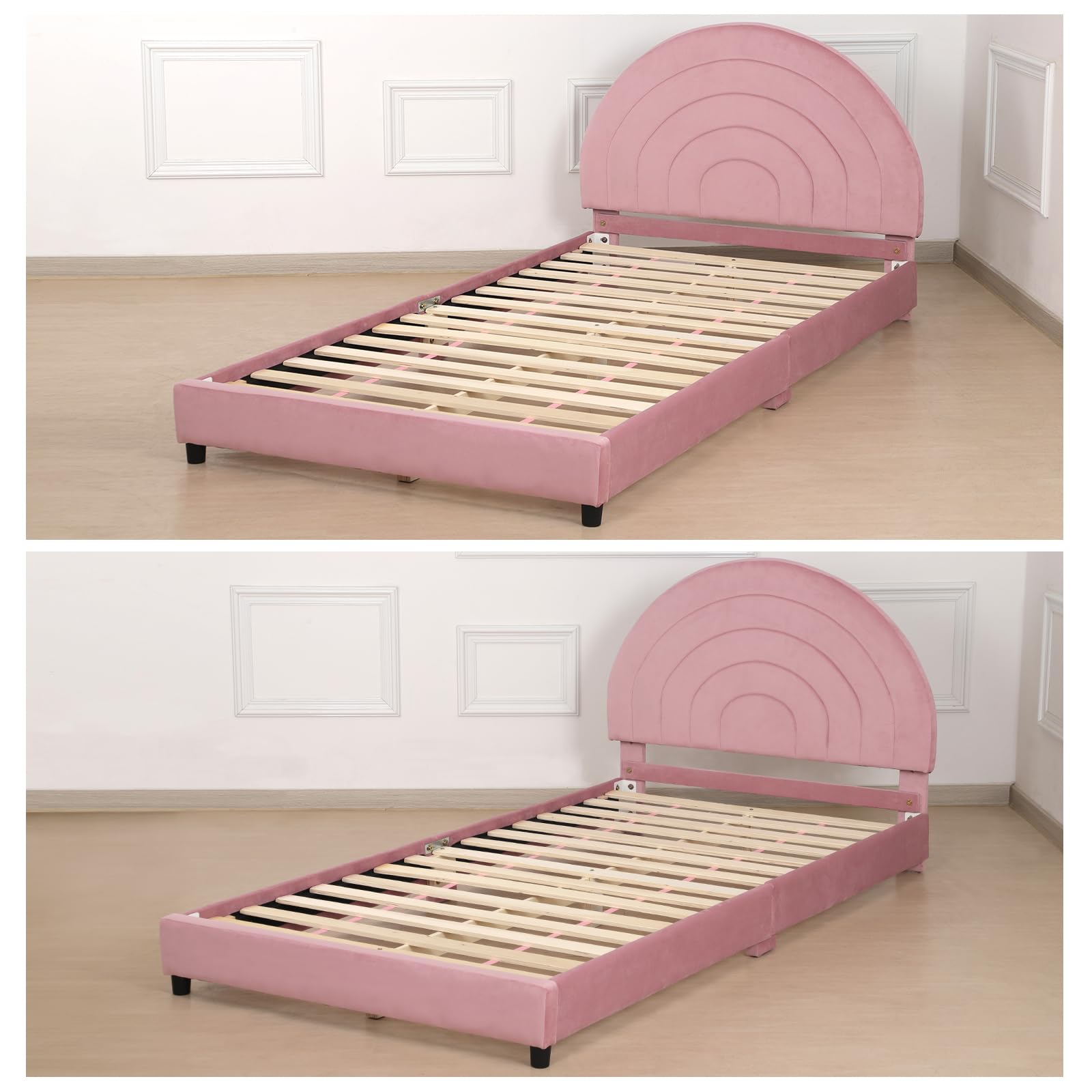 AFBKSS&BB Kids Twin Bed Frame, Teenager Bed, Rainbow Children's Bed with Adjustable Height Bed Head, Children's Home Sleeping Bed, Toddler Upholstered Twin Bed (Pink)