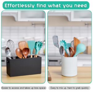 ALELION Large Utensil Holder with Removable Divider - 3 Compartment Wooden Utensil Caddy Organizer for Kitchen Counter - Black Cooking Utensil Crock for Countertop