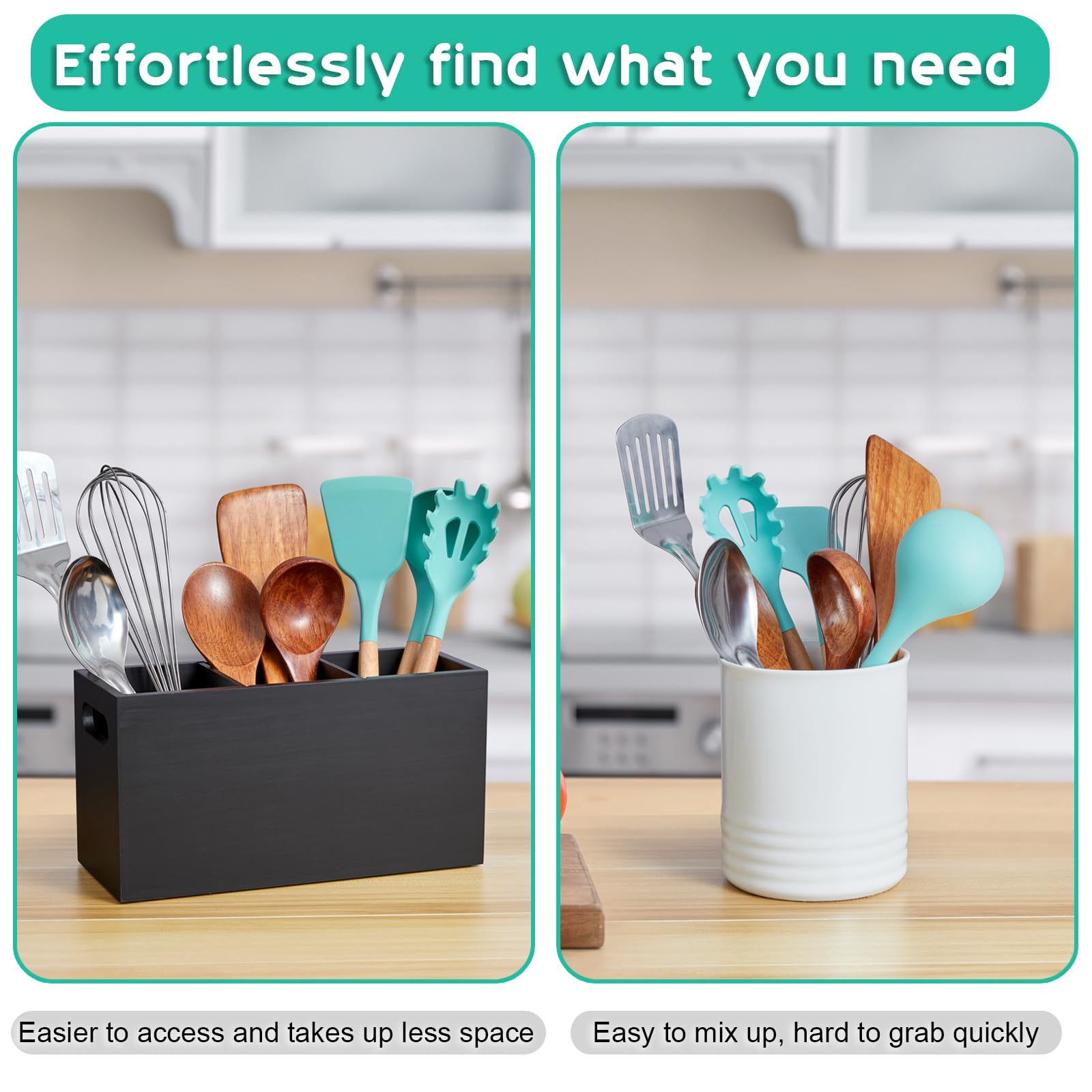 ALELION Large Utensil Holder with Removable Divider - 3 Compartment Wooden Utensil Caddy Organizer for Kitchen Counter - Black Cooking Utensil Crock for Countertop