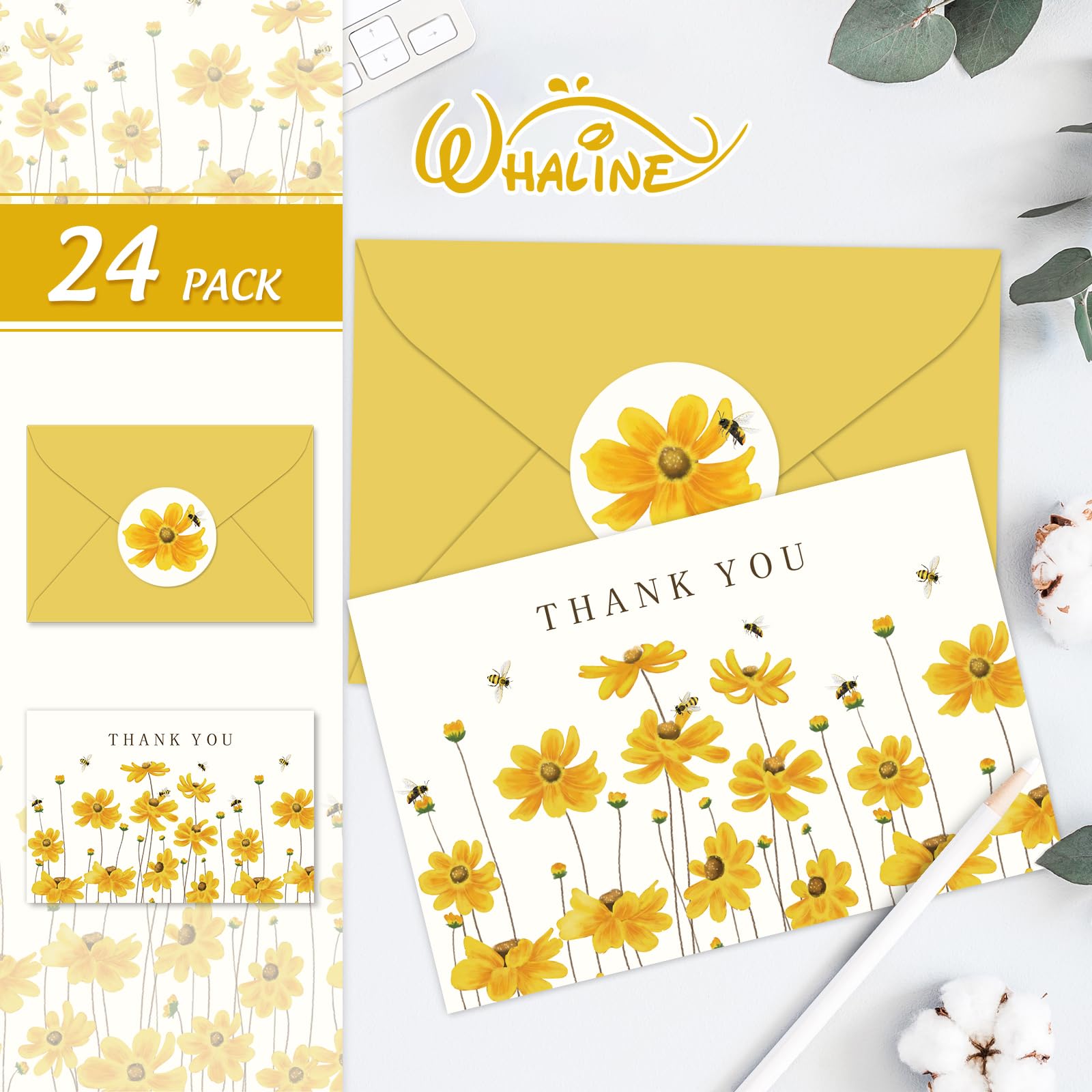 Whaline 24Pcs Floral Thank You Cards Flower Blank Greeting Cards Yellow Calliopsis Bee Note Cards with Envelopes Adhesive Stickers for Wedding Birthday Baby Shower Party Supplies, 4 x 6 Inch