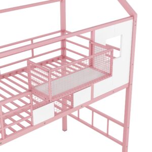 Unique Metal Twin Size House Loft Bed with Roof,Storage Stairs and a Storage Box,for Kids Girls Boys Teens Adults Bedroom Use (Pink@Stairs, Twin)