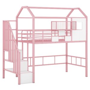 Unique Metal Twin Size House Loft Bed with Roof,Storage Stairs and a Storage Box,for Kids Girls Boys Teens Adults Bedroom Use (Pink@Stairs, Twin)