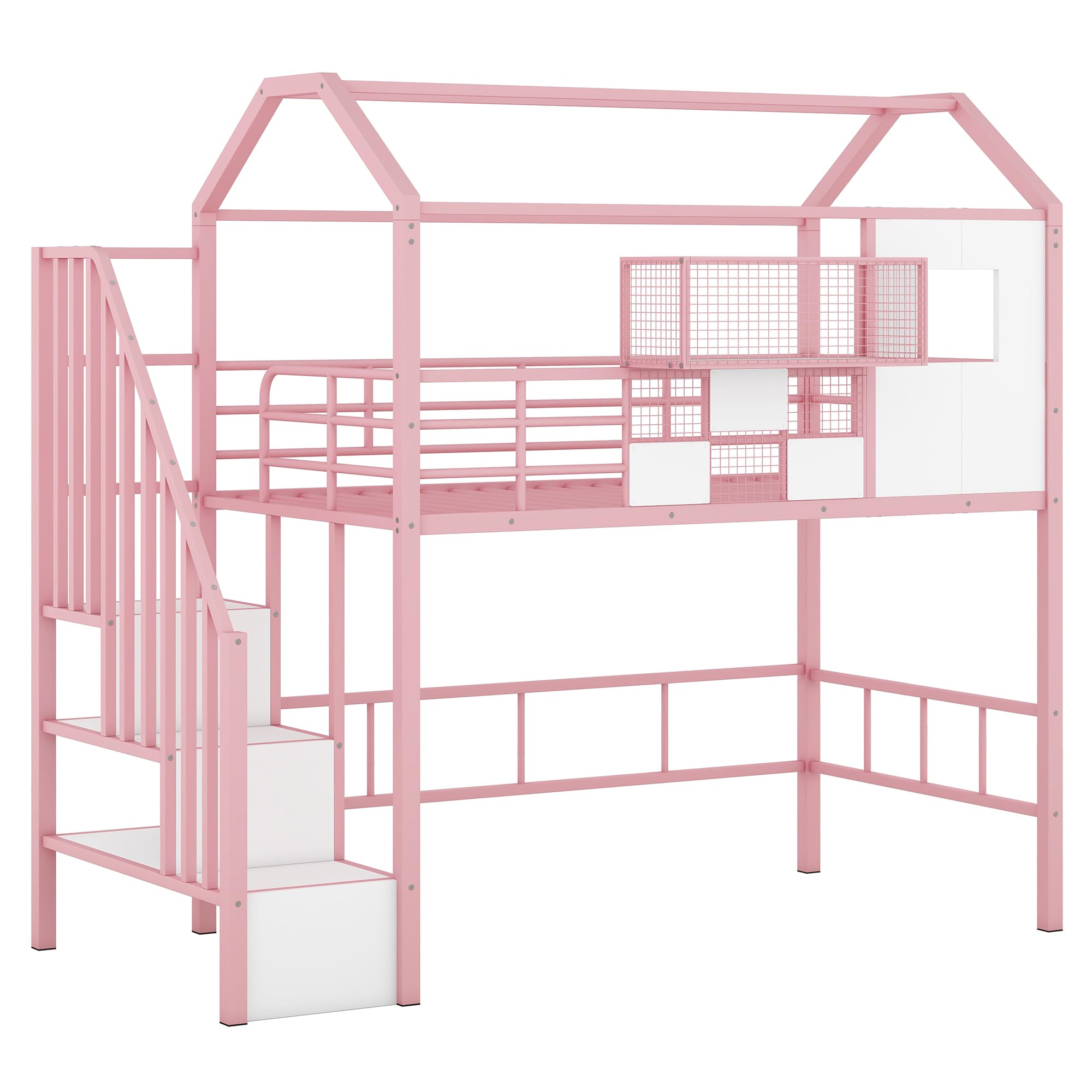 Unique Metal Twin Size House Loft Bed with Roof,Storage Stairs and a Storage Box,for Kids Girls Boys Teens Adults Bedroom Use (Pink@Stairs, Twin)