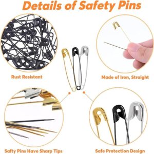 600 Pcs Safety Pins Assorted, 4 Sizes Large and Small Safety Pins for Clothes,Black Gold Silver Safety Pins Rust Resistant for Art,Crafts, Sewing and Jewelry Making