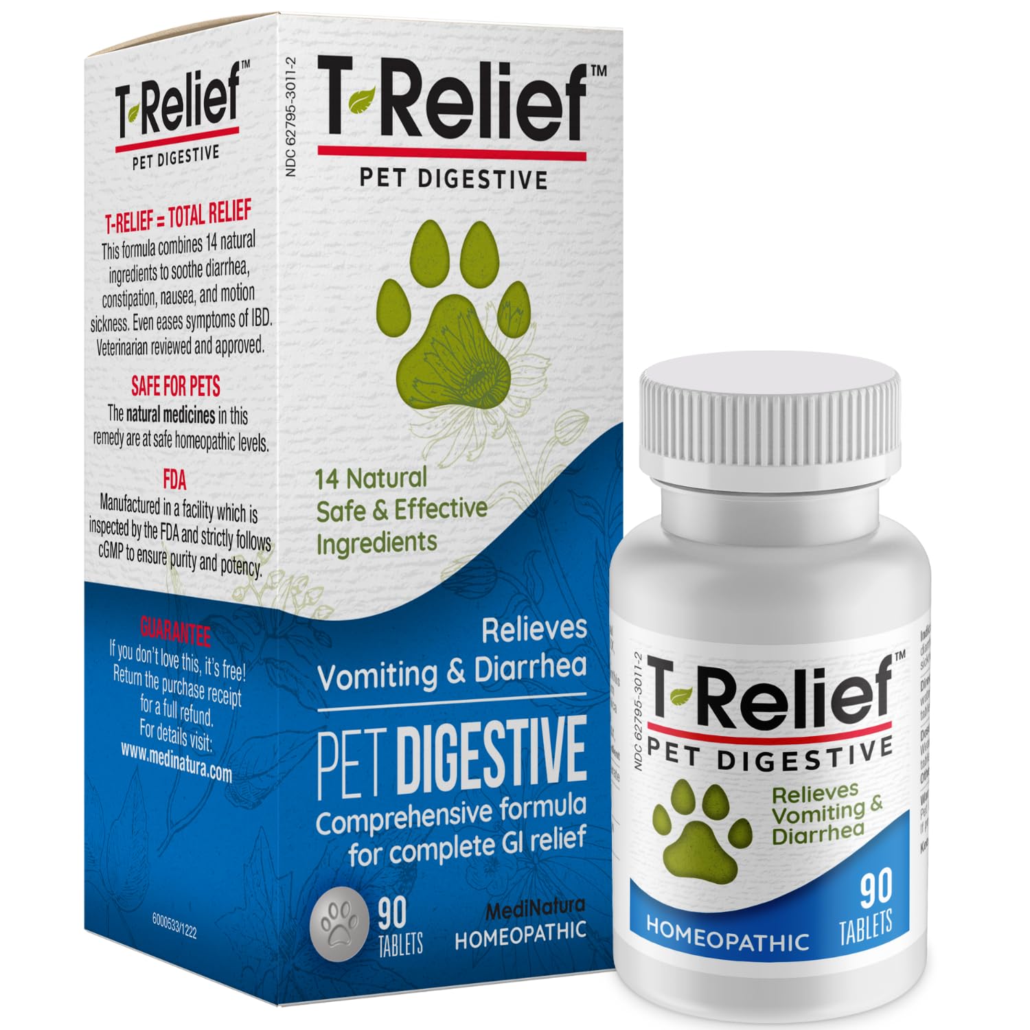 T-Relief Pet Digestive Complete GI Relief for Dog & Cat Soothing Aloe + 13 Natural Homeopathic Actives Help Calm Nausea & Diarrhea from Mild Illness Food Stress or Motion Sickness - 90 Tablets