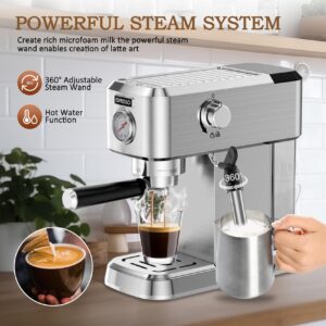 Pokk Espresso Machine 20 Bar, Professional Espresso Coffee Maker with Milk Frother Steam Wand, Compact Espresso Coffee Machine with 50oz Removable Water Tank for Cappuccino, Latte, Stainless Steel