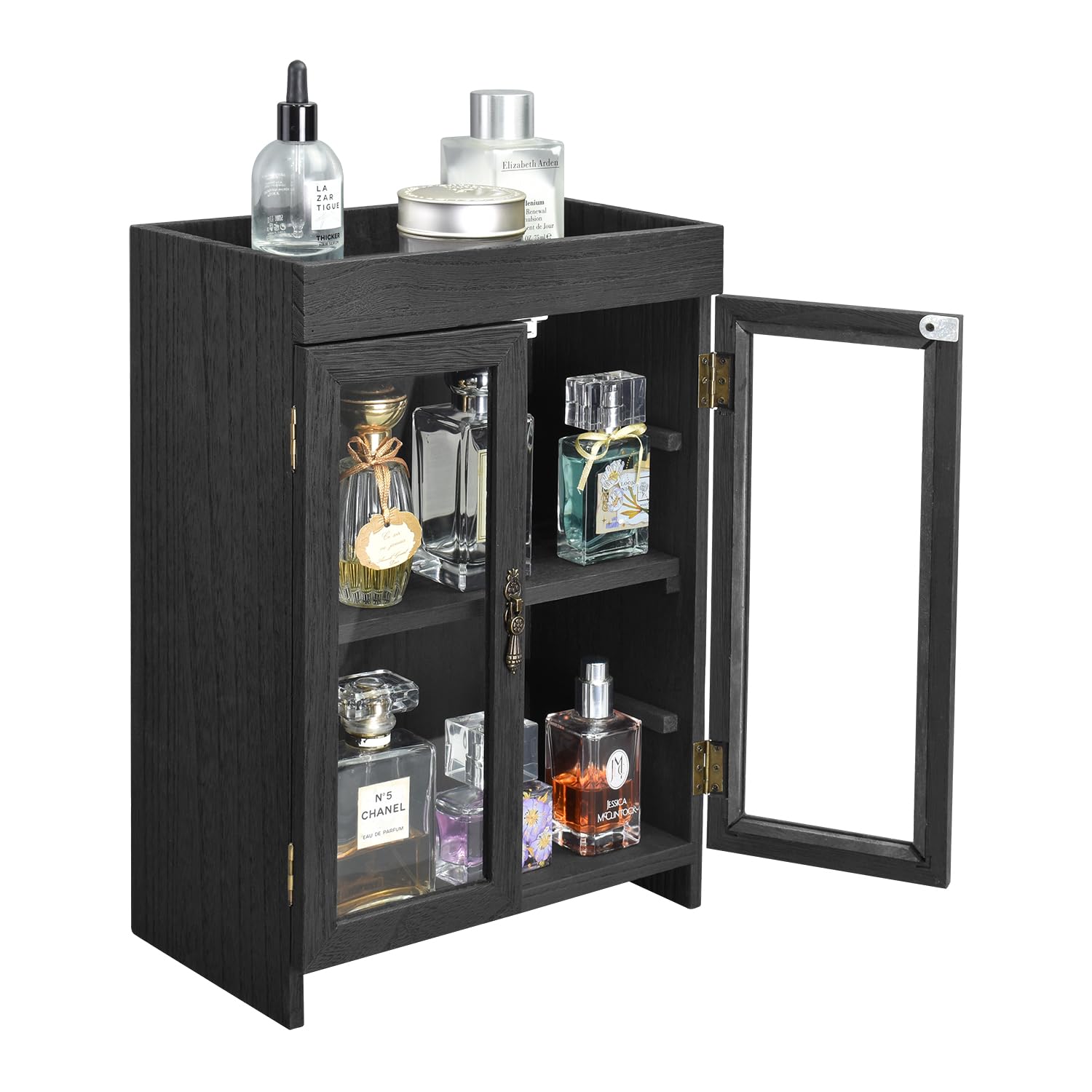 Ikee Design Small Wooden Countertop Storage Cabinet with Adjustable Shelves and Removable Hooks, Perfect for Perfume, Pantry, Essential Oil, 10.4W x 6.1D x 14.4H in, Black