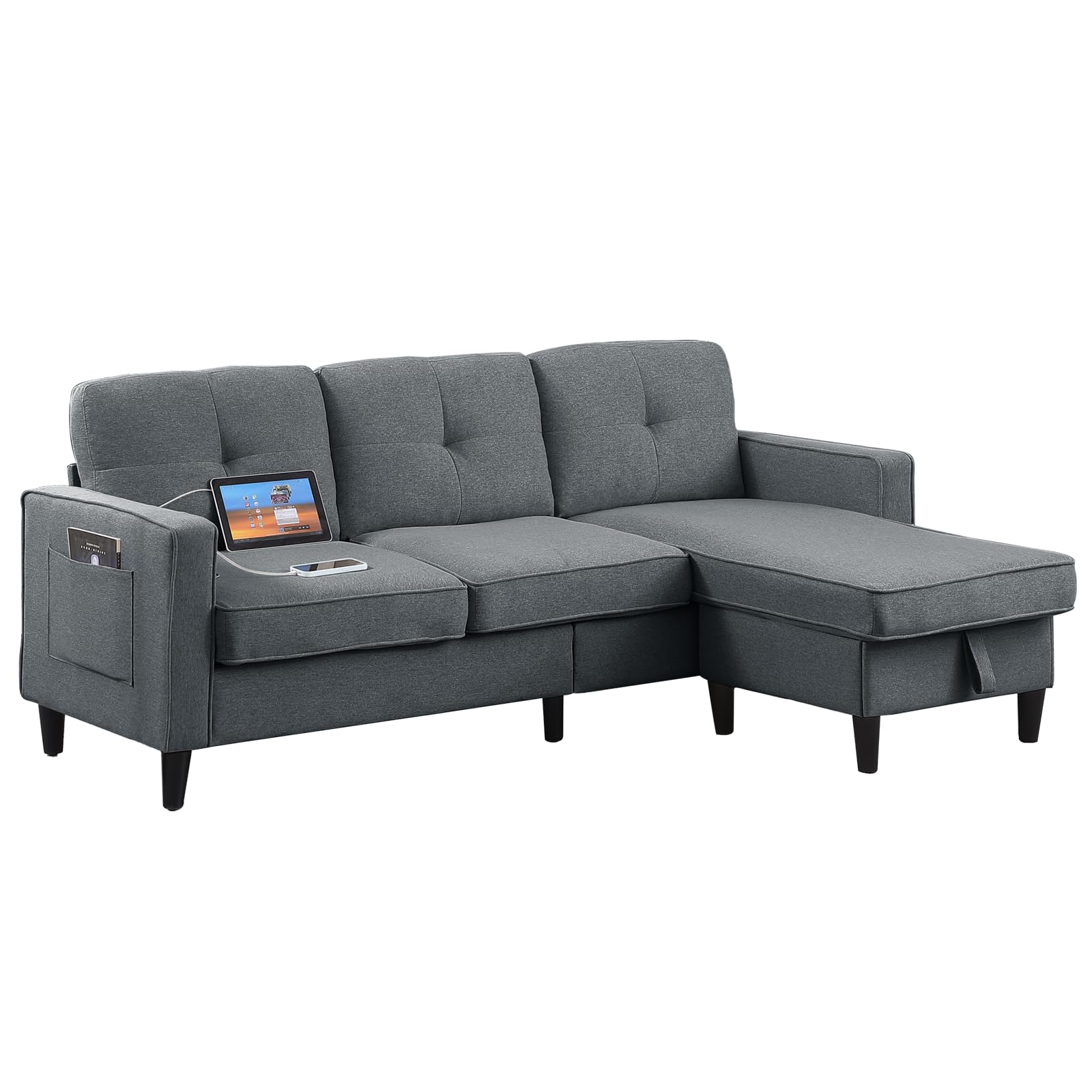 hooxnome Convertible Sectional Sofa Couch 3 Seater with Ottoman, Linen Fabric L Shape Sofa Compact Small Couch for Living Room with Reversible Chaise, with Large Storage and USB Function (Grey)