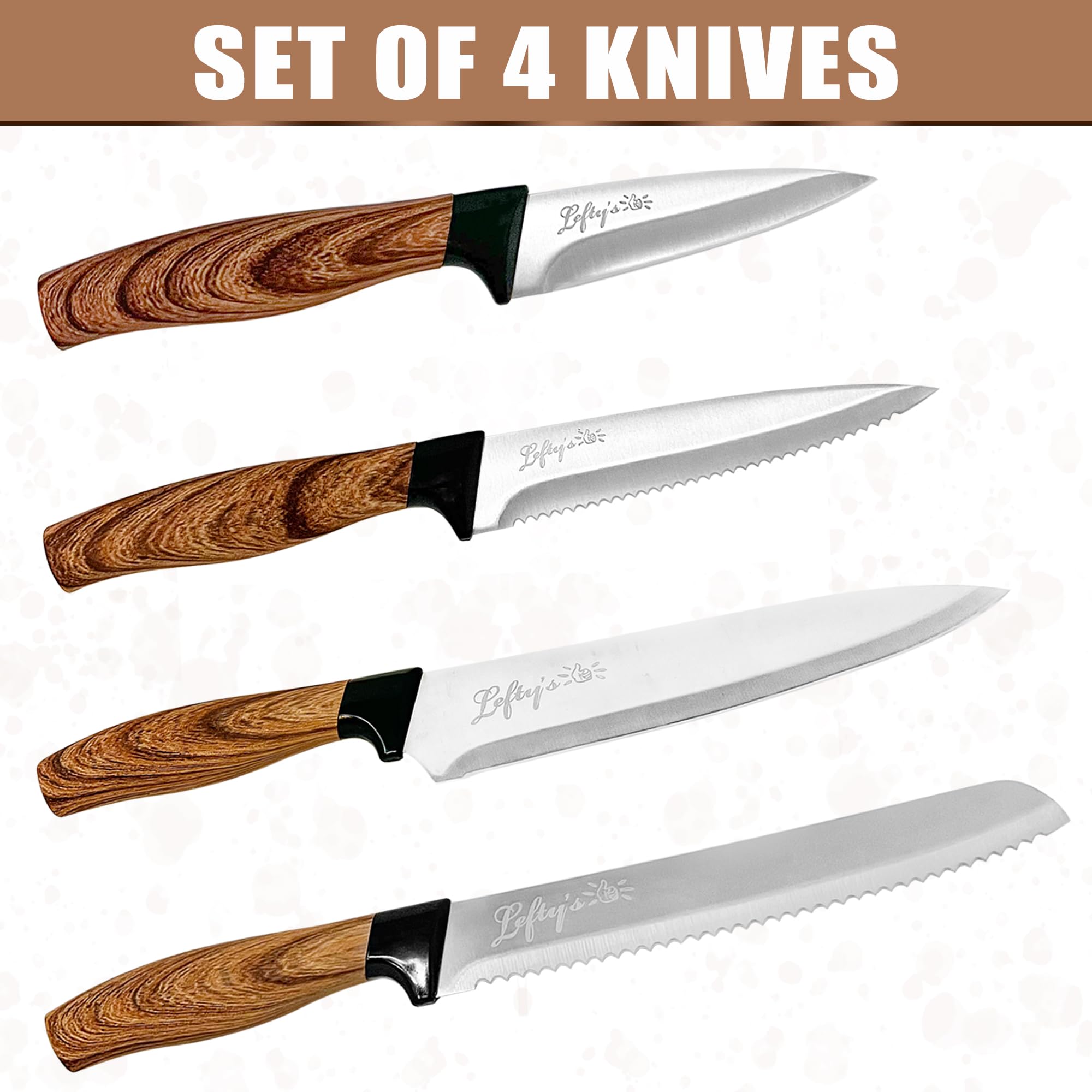 Lefty’s Left Handed Knives Set of 4 - Paring Steak Chef and Bread knife - Extra Sharp - Great for Cutting, General Purpose, Kitchen - Gifts for Left-Handed People, Lefty, Adults, Chef, Cook and Women