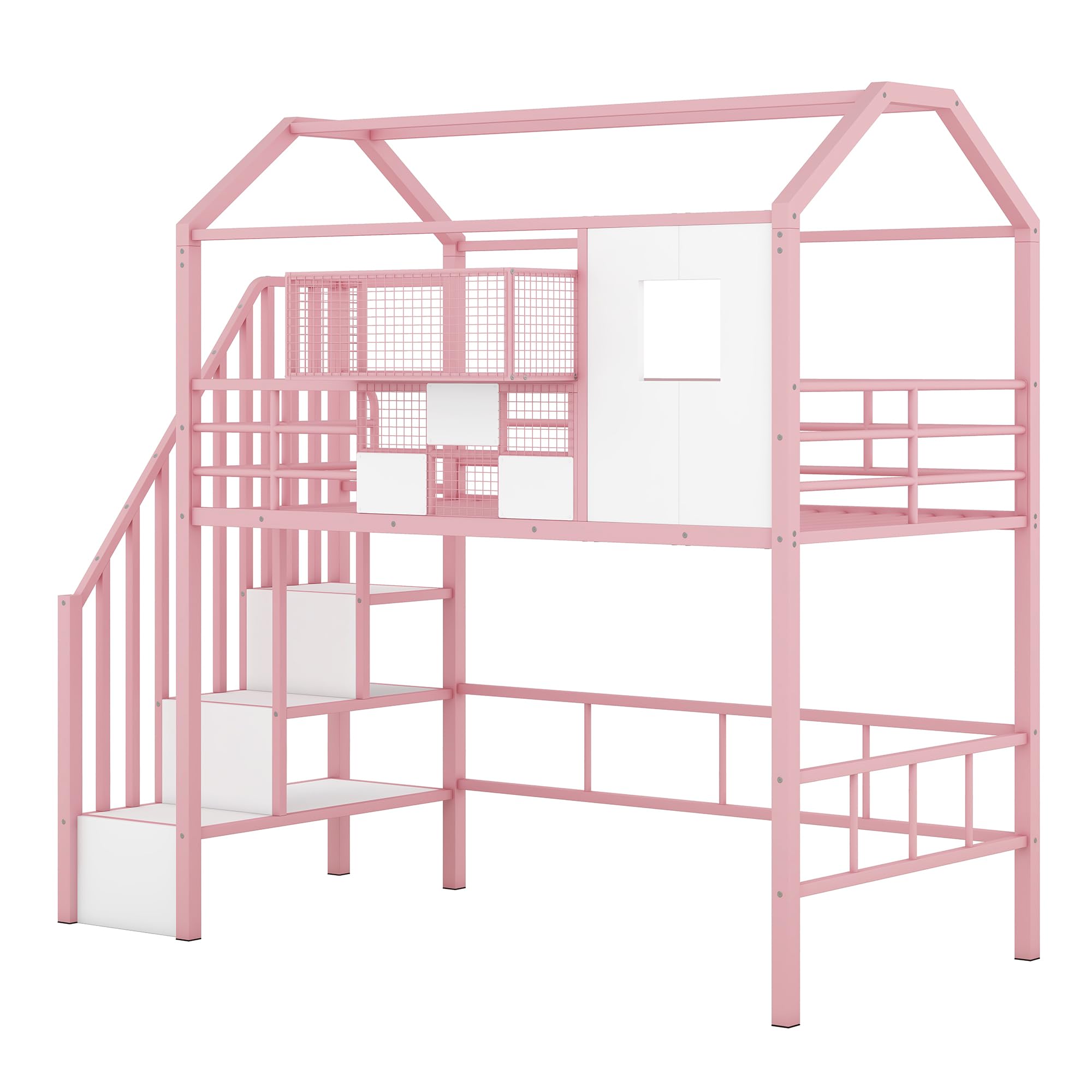 Unique Metal Twin Size House Loft Bed with Roof,Storage Stairs and a Storage Box,for Kids Girls Boys Teens Adults Bedroom Use (Pink@Stairs, Twin)