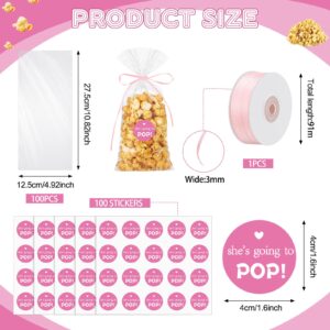 Menkxi 100 Pack Clear Popcorn Bags Bulk 4.92 x 10.83 Inch Cellophane Treat Bags with She Is Going to Pop Label and Ribbon Plastic Popcorn Bags for Gift Wrapping, Food Storage, Baby Shower Decor(Pink)