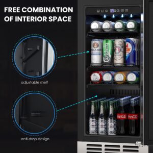 15 Inch Outdoor Beverage Refrigerator, Weather Proof Stainless Steel Undercounter Beverage Fridge with Removable Shelves, 80 Cans Built-in/Freestanding Beer Cooler for Patio and Kitchen