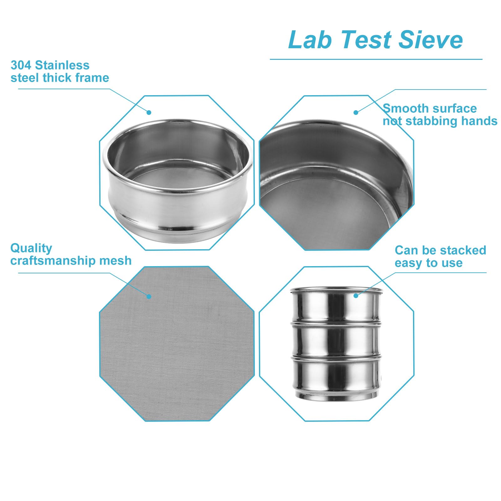 LOYORTY 3 PCS 304 Stainless Steel Test Sieves, 200 Mesh 0.074mm + #80 Mesh 0.18mm +#60 Mesh 0.28mm Aperture Lab Standard Test Sieve, φ10cm/4”Dia Economy Test Sieve for Industrial Laboratory